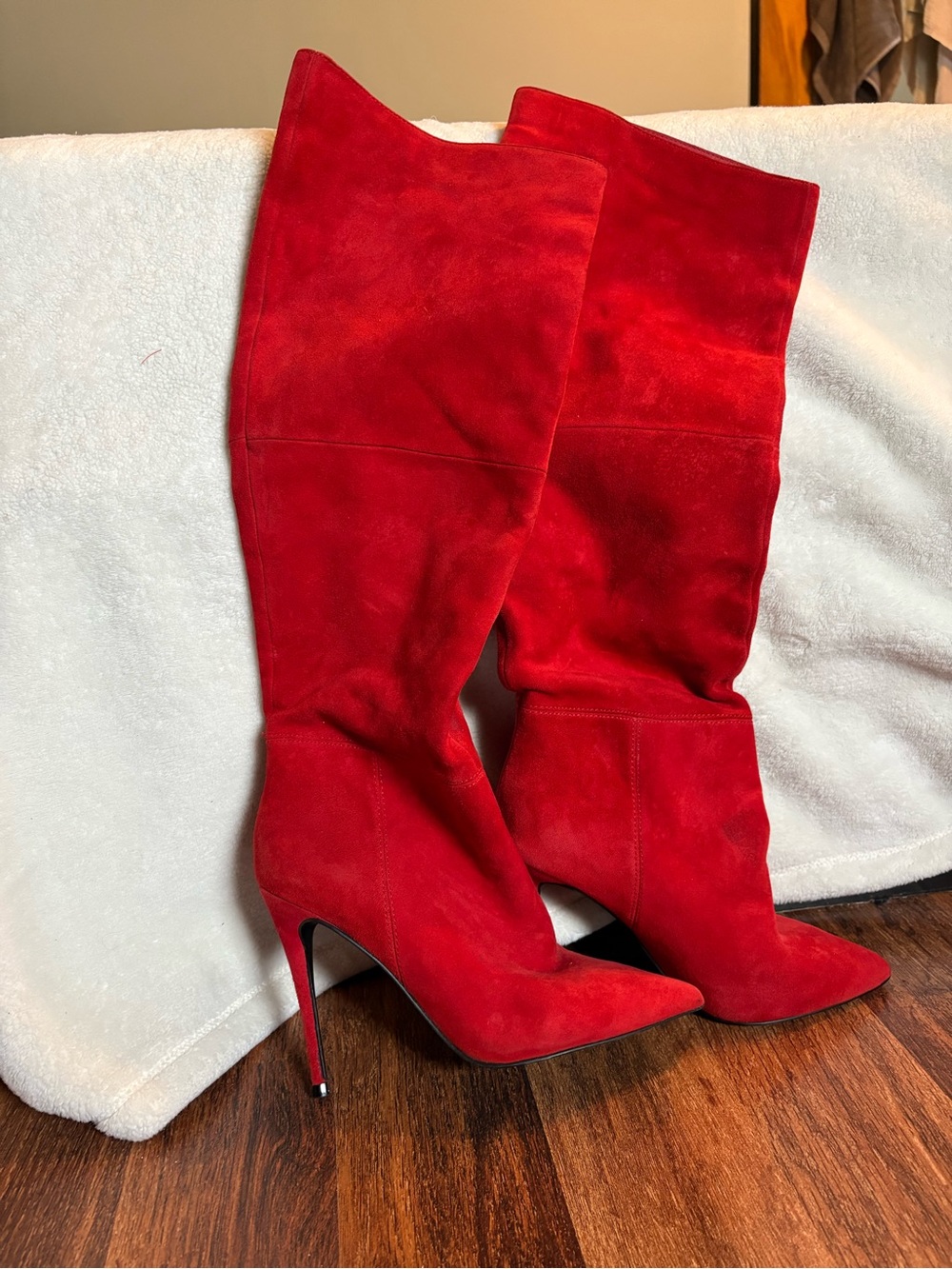 Bold Red Suede Over-the-Knee Stiletto Boots
